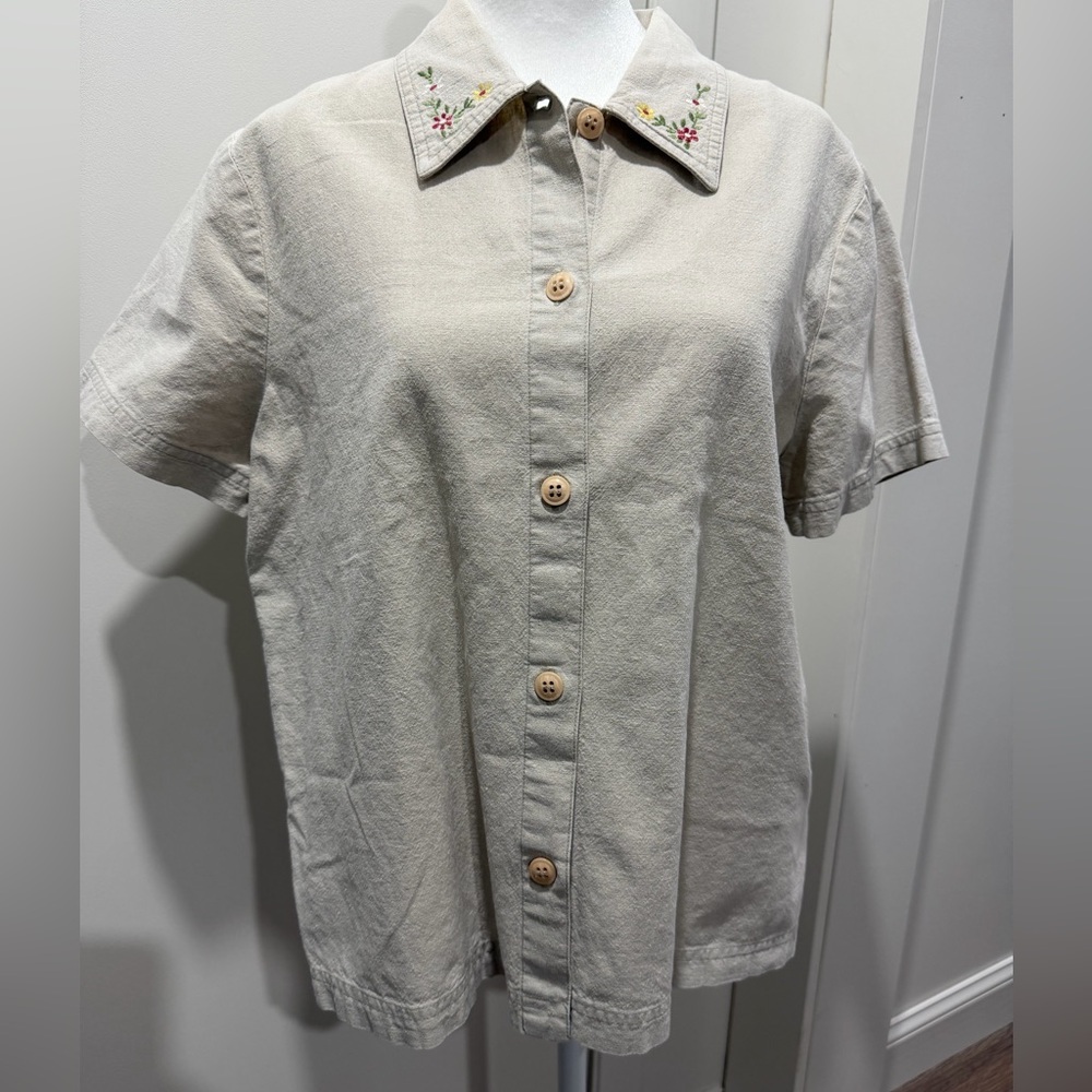 Basic Editions Oatmeal Linen Floral Embroidered Button Down VTG 14 (Modern L)